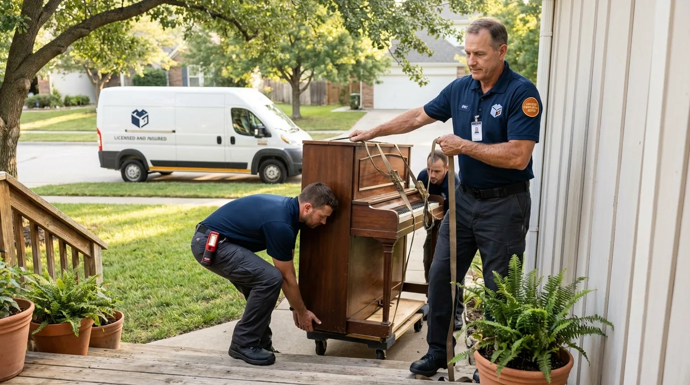 Licensed piano movers securing grand piano in Jacksonville, AL