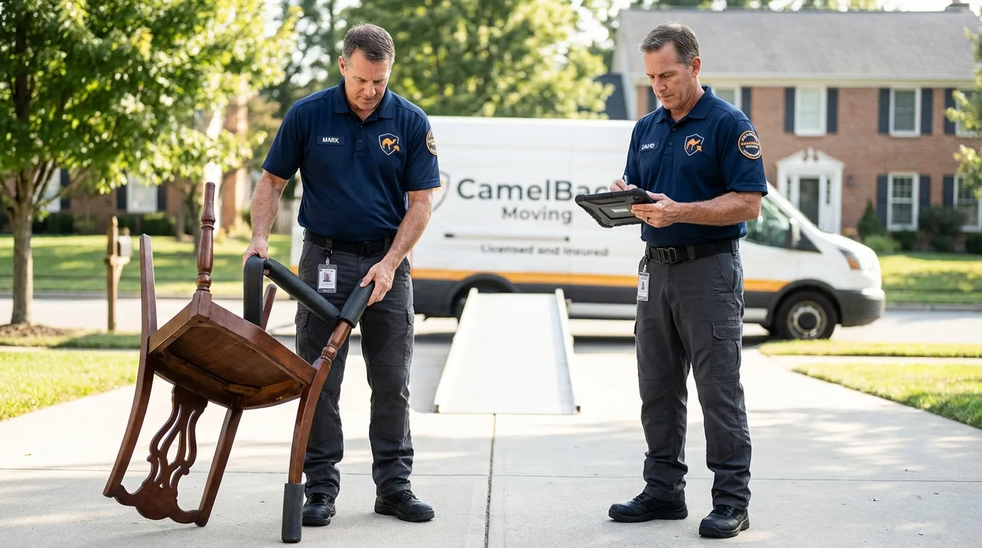 Movers inspecting furniture for damage prevention before loading in Jacksonville, AL