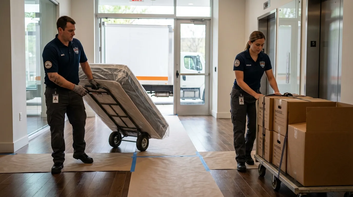 Professional apartment movers loading elevator in Jacksonville, AL
